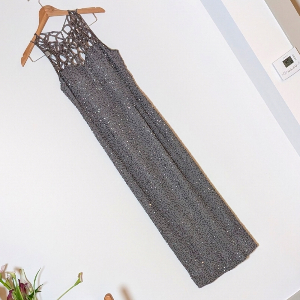 Vintage Scala Silk Beaded Maxi Gown Dress‎ Sequins Art Deco Old Hollywood M Grey